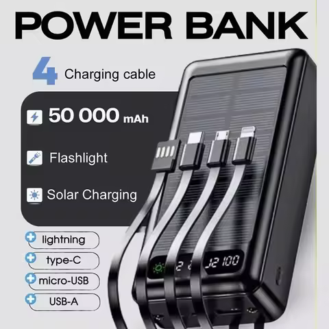 50000mAh Solar Power with Built-in Cable 10W Power Bank Large Capacity Stable Outdoor Endurance Mobi