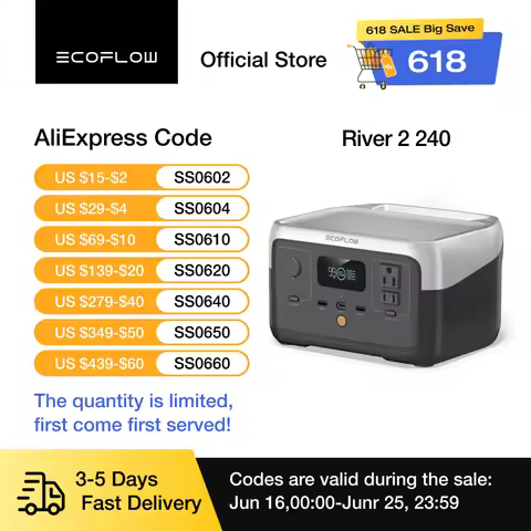 ECOFLOW Portable Power Station RIVER 2, 243Wh LiFePO4 Battery/ 1 Hour Fast Charging, 2 Up to 600W AC