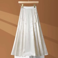 New Chinese Style Chinese Style Satin Skirt Mid-Length Jacquard Pony Skirt a-Line Pleated Skirt