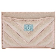 Chanel Iridescent Rose Gold Chevron Quilted Caviar Card Holder Silver Hardware, 2017