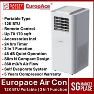 EuropAce EPAC-12B3 Portable Air Con 12K BTU | 3-in-1 Aircon + Dehumidifier + Fan | Self Evaporating