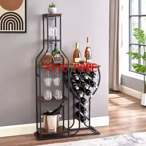 5 Tier Wine Rack Freestanding Floor with Wine Bottle and Glass Holder,Wine Bar Cabinet with Storage,