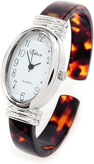 Tortoise Silver Acrylic Band Oval Face Women's Eikon Bangle Cuff Watch