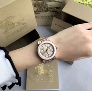 BURBERRY 手錶BU9703時尚格紋陶瓷錶圈玫瑰金不鏽鋼錶帶三眼計時腕錶/女錶