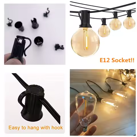 E12 Socket for Outdoor String Lights, Replacement Socket with E12 Base Black for Outdoor Festoon Lig
