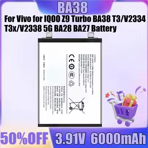 New BA38 BA28 BA27 6000mAh 5000mAh 3.91V Battery for Vivo for IQOO Z9 Turbo BA38 T3/V2334 T3x/V2338 