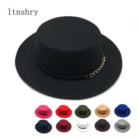 Women Men Wool Fedora Hat With Gold chain Ribbon Gentleman Elegant Lady Winter Autumn Wide Brim Jazz