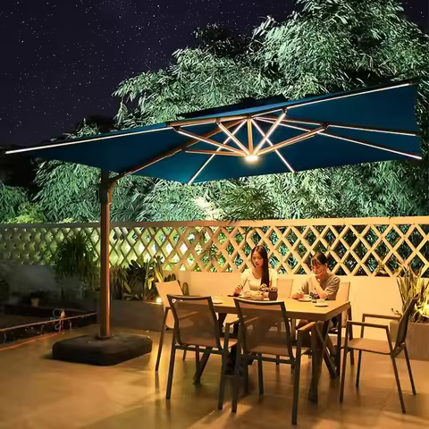 Market Outdoor Furniture Cantilever Patio Umbrella With Solar LED Lights 100mm Pole Windproof Garden