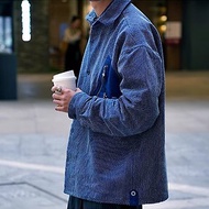 日系藍染刺子工裝襯衫長袖補丁破壞水洗夾克復古寬松外套