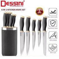 DESSINI 6 in 1 Kitchen Knife Set Stainless Steel Pisau Dapur Chef Bread Utility dengan Holder QP-K6S
