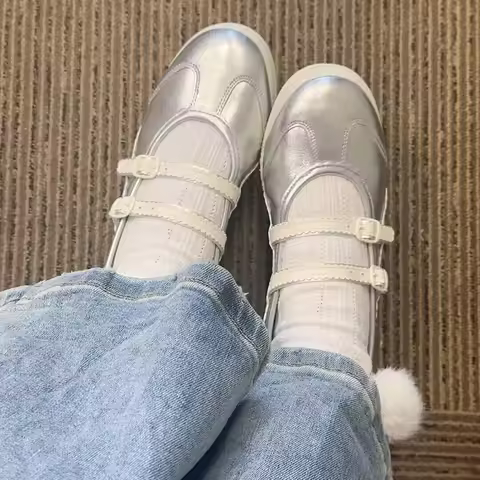 Silver Ballet Style Flats For Women 2026 Shallow Mary Janes Cross Strap Soft Female Casual Sport Sho
