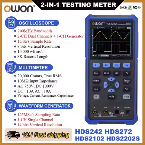 OWON HDS2202S 2102S Digital Oscilloscope 2Channels 200Mhz 1GSa/s Portable 3in1 USB Osiclloscopes + M
