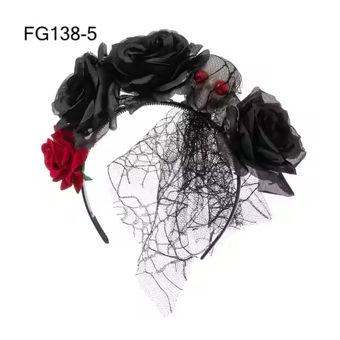 Retro Day of The Dead Halloween Rose Flower Headband Wedding Black Veil Flower Headpiece Party Costu
