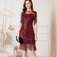 Women's 1920s Gatsby Dress Long Fringe Vintage Sequin Art Deco Cocktail Flapper Dress with Sleeves