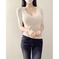 純欲v領修身五分袖針織衫女韓系絕美巨好看的打底衫早春氣質上衣-白色 均碼