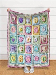 1PC 2D Granny Square โครเชต์พิมพ์ Flannel ผ้าห่มนุ่มสบายโยนผ้าห่มเหมาะสําหรับเดินทางโซฟาเตียงสํานักง