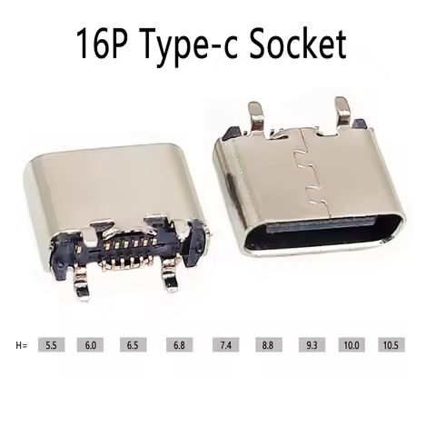 2pcs USB TYPE-C16P Female Socket 180 Degree Vertical SMD DIP Board 5.5/6.5/6.8/7.4/8.8/10.0/10.5mm 1
