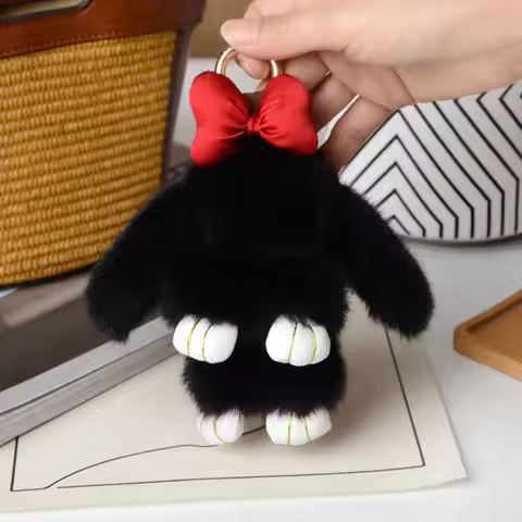 Black and White Bunny Keychain Plush Rabbit Keychains Keyring Fashion Cute Fluffy Bunny Rabbit Penda