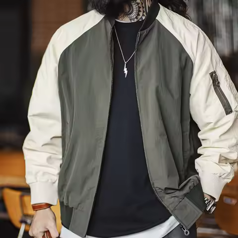 Maden Vintage Contrast-color MA1 Bomber Jacket Short Zip-up Pocket Baseball Jacket Men's Casual Oute
