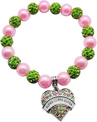 ALPHA Sorority Society Symbol Pink Green Rhinestone Imitation Pearl Heart-shaped Letter Pendant Bead