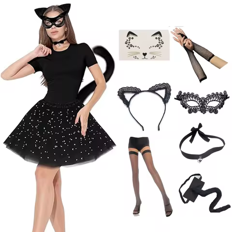 PESENAR Black Cat Costume for Women, Halloween Masquerade Mask, Lace Ears, Gloves, Tail, Choker Neck