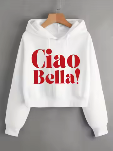 Y2k Ciao Bella Letter Print Autumn Winter Cropped Sweatshirt Crop Top Hoodie Sweatshirts Gothic Casu