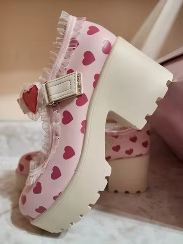 Sweet Lolita Style Pastel Pink Heart-Print Mary Jane Heels Heart Buckle Lace Trim Chunky Platform Bl