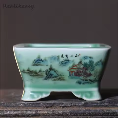Yixing Purple Sand Flower Pot Ceramic Bonsai Pot Colored Ceramic Pot Chinese Style Ceramic Square Mi