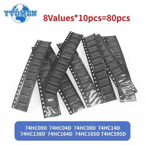 80PCS 74HC SMD Logic IC Electronic Component Kit 74HC00D 74HC04D 74HC08D 74HC14D 74HC138D 74HC164D 7