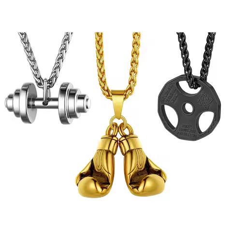 U7 Weight Plate Dumbell Boxing Gloves Necklaces for Man 24" Wheat Link Chain Stainless Steel Sport G