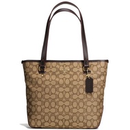 Coach Handbag With Gift Paper Bag Zip Top Tote In Outline Signature Khaki / Brown # F58282