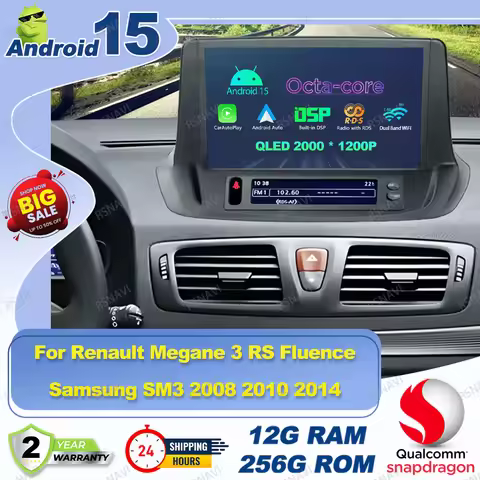 Android 15 Car Radio For Renault Megane 3 RS Fluence Samsung SM3 2008 2010 2014 H7 Led Automotive To