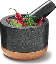 Mortar and Pestle Set with Detachable Anti-Scratch Wood Base,Natural Granite Extra Large 6.06inch Pestle Stone Grinder Bowl Ideal for Grinding Spices Chillis Pesto Guacamole (Granite)