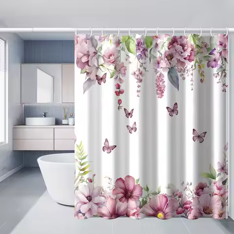 1pc butterfly pink floral print shower curtain, polyester fabric with hooks, windows and walls batht
