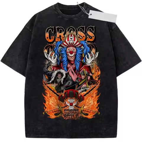 Unisex Black Washed Vintage T - Shirt One Piece Cross Guild Buggy & Members Flame Style High - Quali