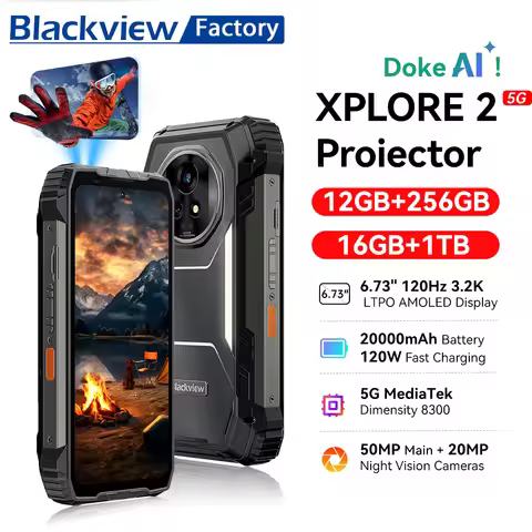 Blackview XPLORE 2 Projector 5G Rugged Phone 6.73” Display MediaTek Dimensity 8300 Telephone 20000mA