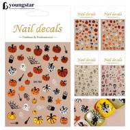 YTAR  Halloween Pumpkin Ghost Nail Stickers Flat Self Adhesive Nail Decals Spider Web Skeleton Nail 
