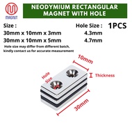 1pcs -30mm x 10mm x 5mm or 30mm x 10mm x 3mm - Neodymium Rectangular Magnet with two holes / Block M