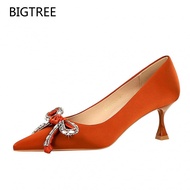 BIGTREE Satin Wine Glass Rhinestone Bow Pointed Stiletto Women's High Heels 1961-H61