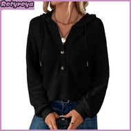 Women Fall Winter Top Hooded Loose Buttons Drawstring Hoodie Pure Color Long Sleeves Pullover Loose