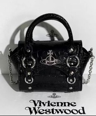 Vivienne Westwood 黑色鱷魚紋手提包 西太後機車包新款甜酷風保齡球包包