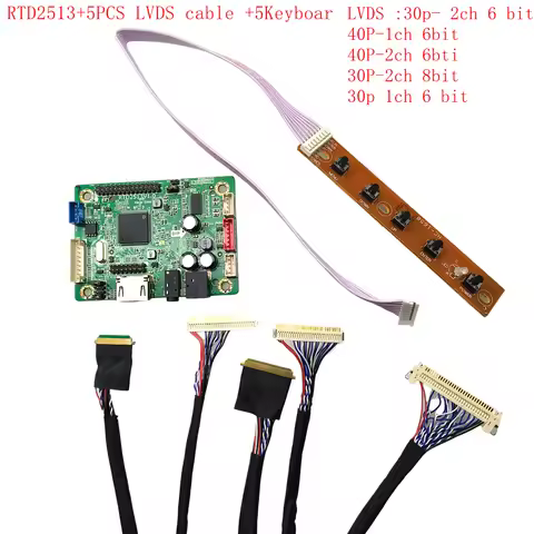 RTD2513V1.0 mini LCD driver board HDMI to LVDS jump cap program +5pcs lvds cable kit 30P 40P 1/2CH 6