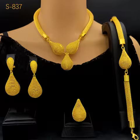 Disc Minimalist Luxury Necklace Bracelet Earrings Ring 4-Piece Set Women 24K Gold AU999 - Warm gold,