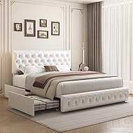 Queen Bed Frame with Storage and Adjustable Headboard, Bed Frame with 4 Drawers and Wooden Slats Support, No Box Spring Needed, Easy to Assemble, PU,White