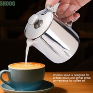 SHOOG Coffee Frothing Pitcher, With Lid Handle Design Milk Frothing Pitcher, Latte Coffee Art Silver