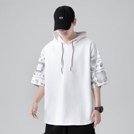 YIPINYOUYOU丨เสื้อมีฮู้ดสำหรับผู้ชายเสื้อมีฮู้ดแขนสั้นสไตล์จีนทรงหลวมเสื้อยืดมีฮู๊ดเท่ใหม่