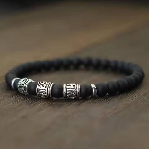 Vintage Mens Bracelet Beaded Om Mani Padme Hum Mantra Braslet Viking Jewelry Accessories Natural Lav