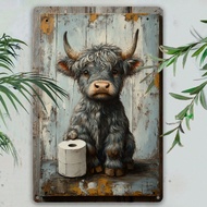 Vintage Highland Cow Metal Sign, Cute Animal Holding Toilet Paper, Tin Wall Art, Size 7.8x11.8 Inche