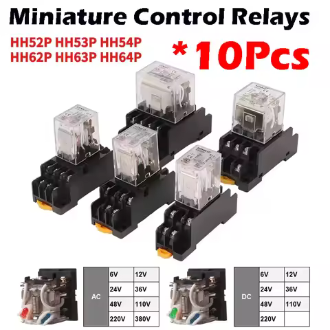 10PCS Miniature Control Small Intermediate Relay With Socket Base AC 110V 220V DC 12V 24V HH52P HH53