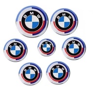 7 in 1 BMW 50th Anniversary Emblem Logo (82mm Front+73mm Rear+46mm Steering+4PCS 56mm/68mm Wheel Cap